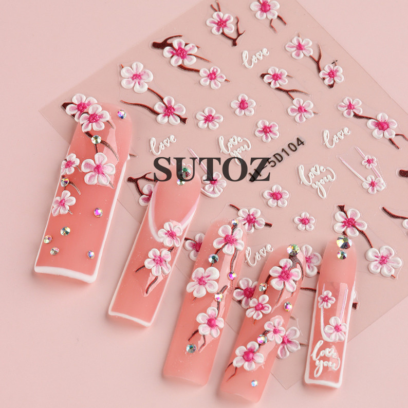 5D Embossed Pink Cherry Blossom Flowers Decal Nail Stickers Sliders JI5D104/105