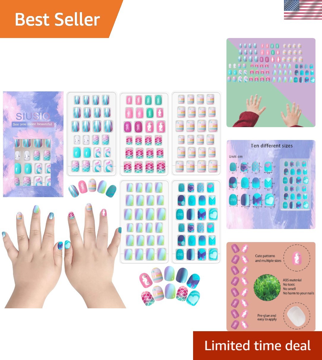 120Pcs 5 Pack Children Acrylic Fake Nails Press on Pre-glue Full Cover Glitte…