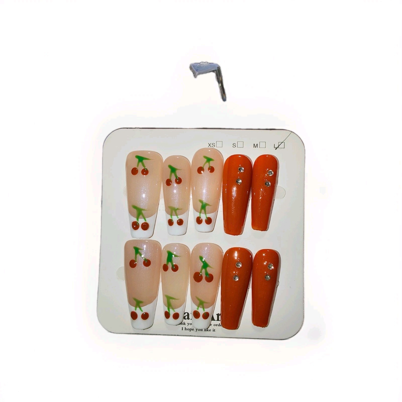 Nude Red Green White Cherry Rhinestone Long Coffin Press-On Nails