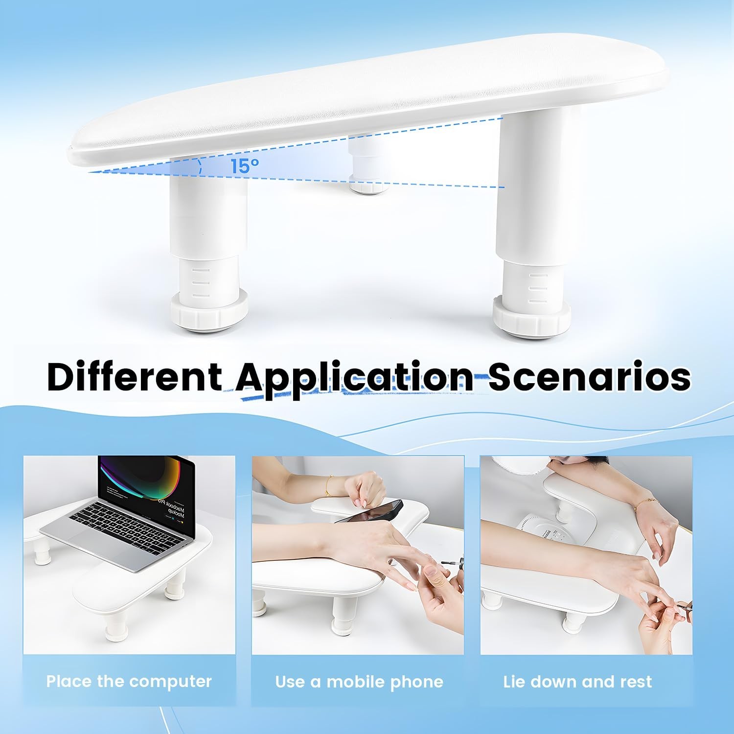 U-Shaped White Manicure Arm Rest with 360° Phone Holder & Adjustable Design for