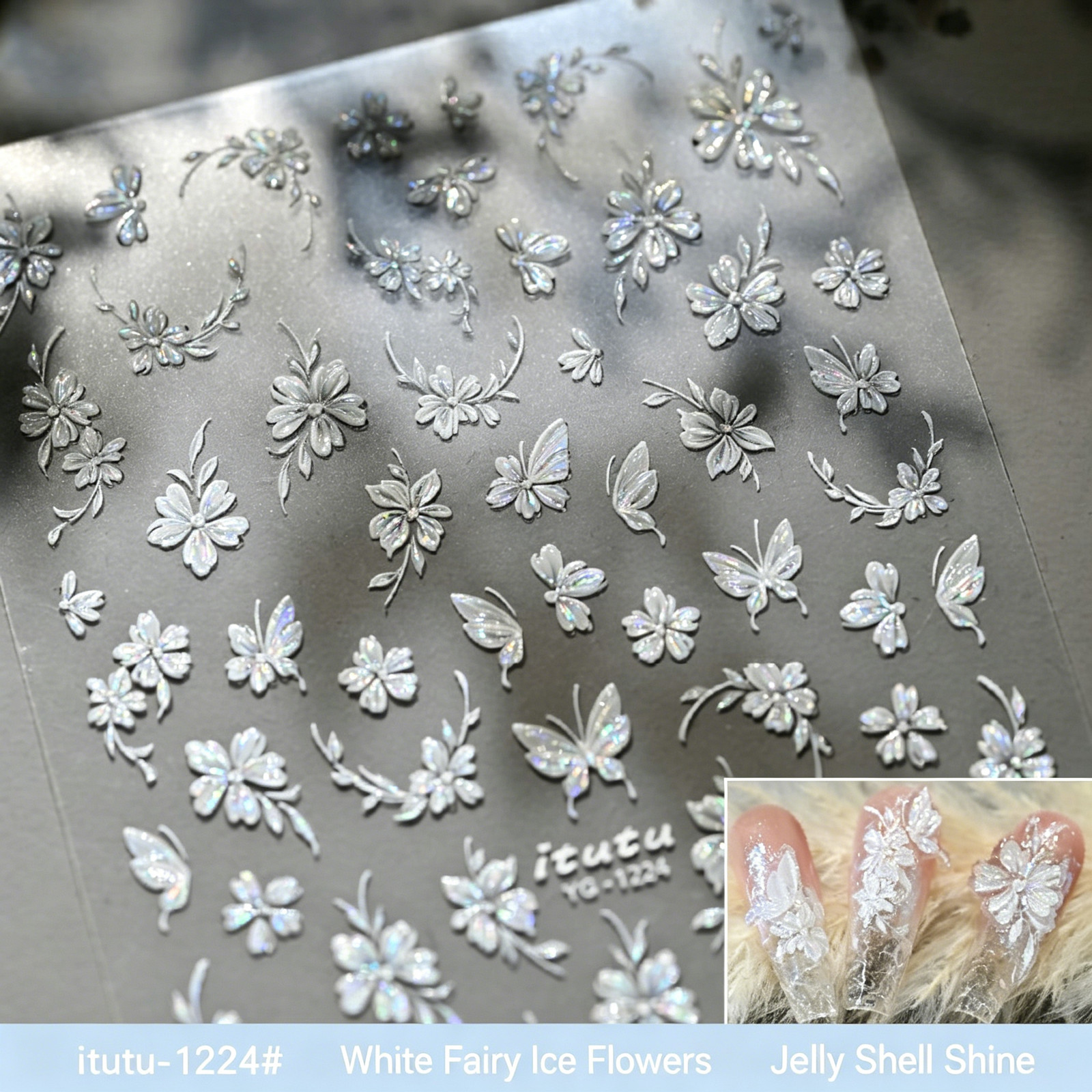 New Translucent Small Ice Flower Embossed Jelly Nail Stickers, Fairy Shell Shimm