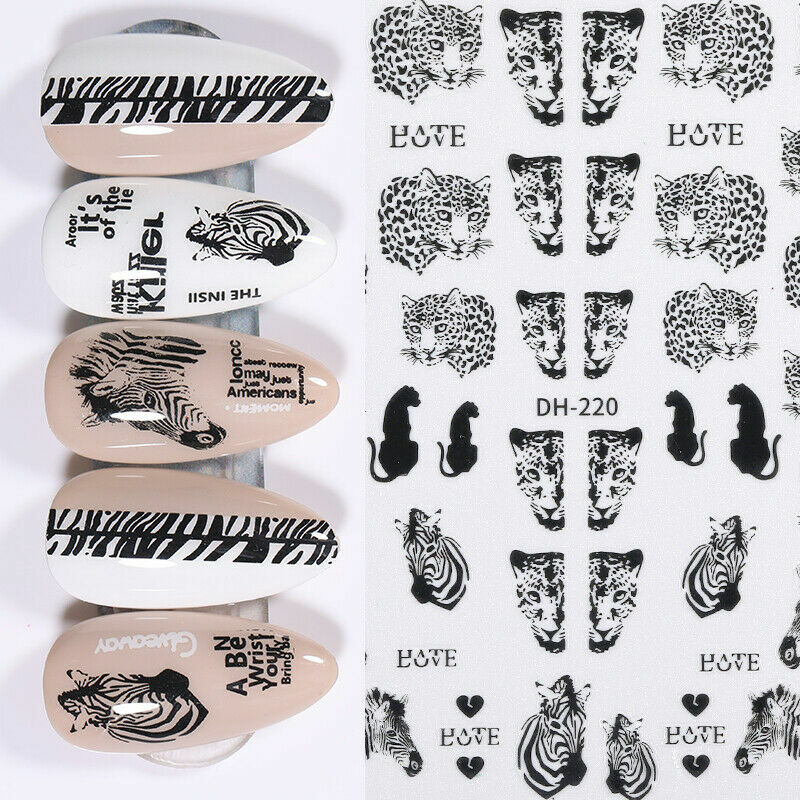 3D Nail Stickers Leopard Zebra Nail Art Decals Decoration DIY Black White NH12