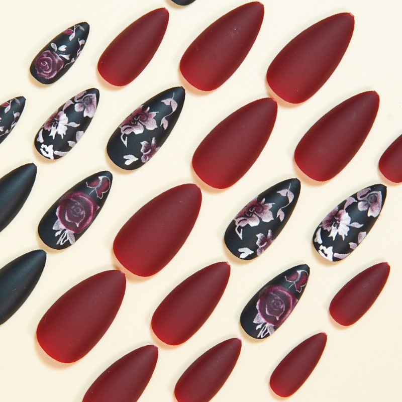 48PCS Oval Matte Black Rose Nail Press, Reusable Matte Rose Pattern Fake Nails