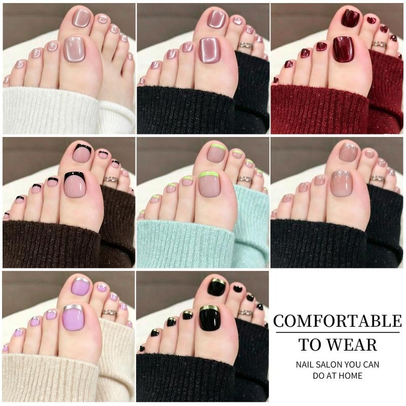 96Pcs/Box Cat’s Eye Fake Toenails French Design 4 Colors Short Square Press On
