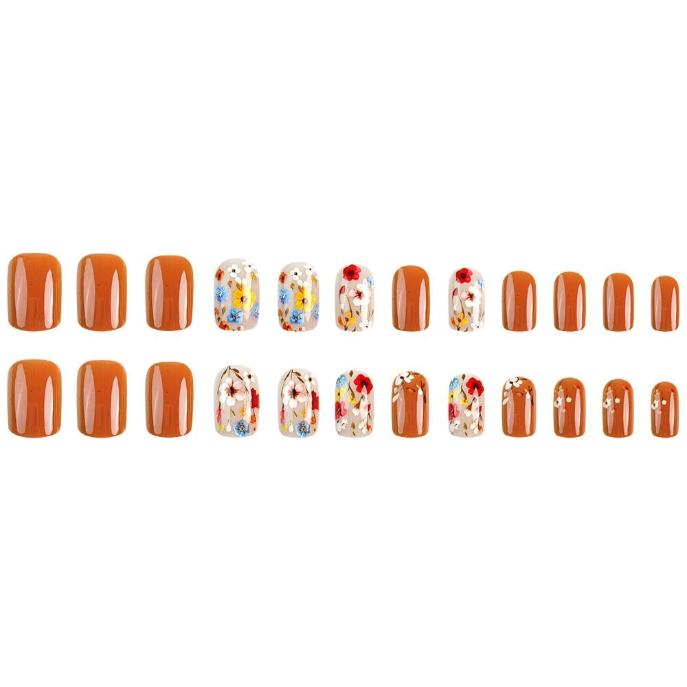 Flower Press on Nails Short Square Medium (Pack of 24), Style 18