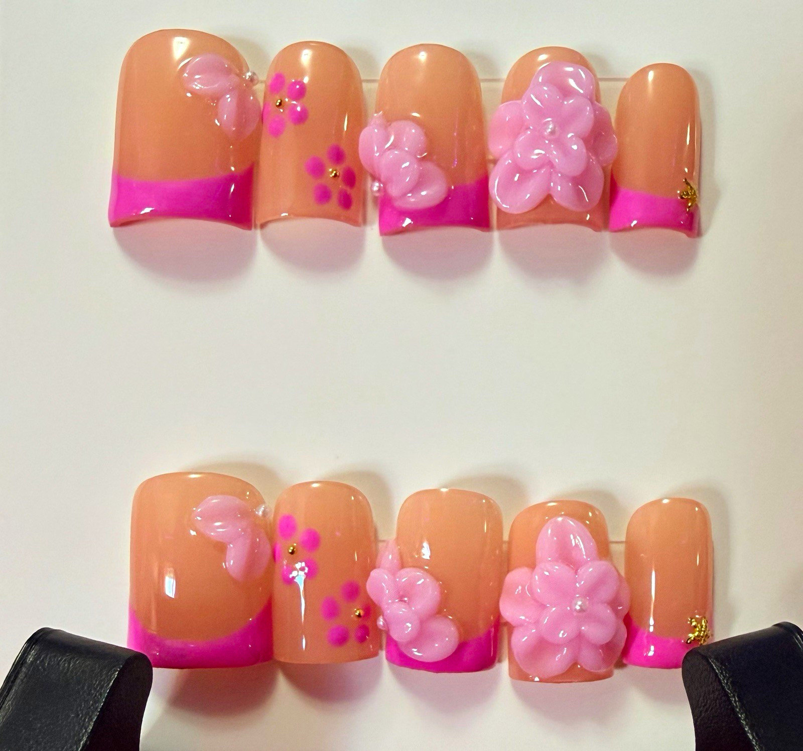 Pink/Nude 3D Floral French Tip Square Press-On Nails Set, Short Full Cover