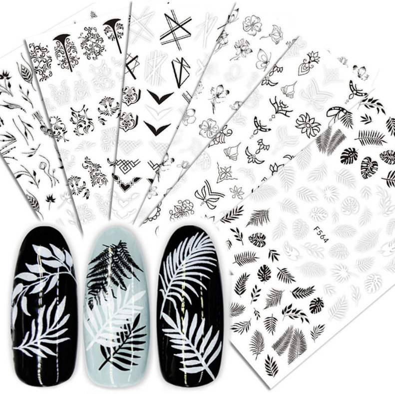White & Black Geometric Leaves 3D Nail Stickers Adhesive Decals Flower DIY NS14