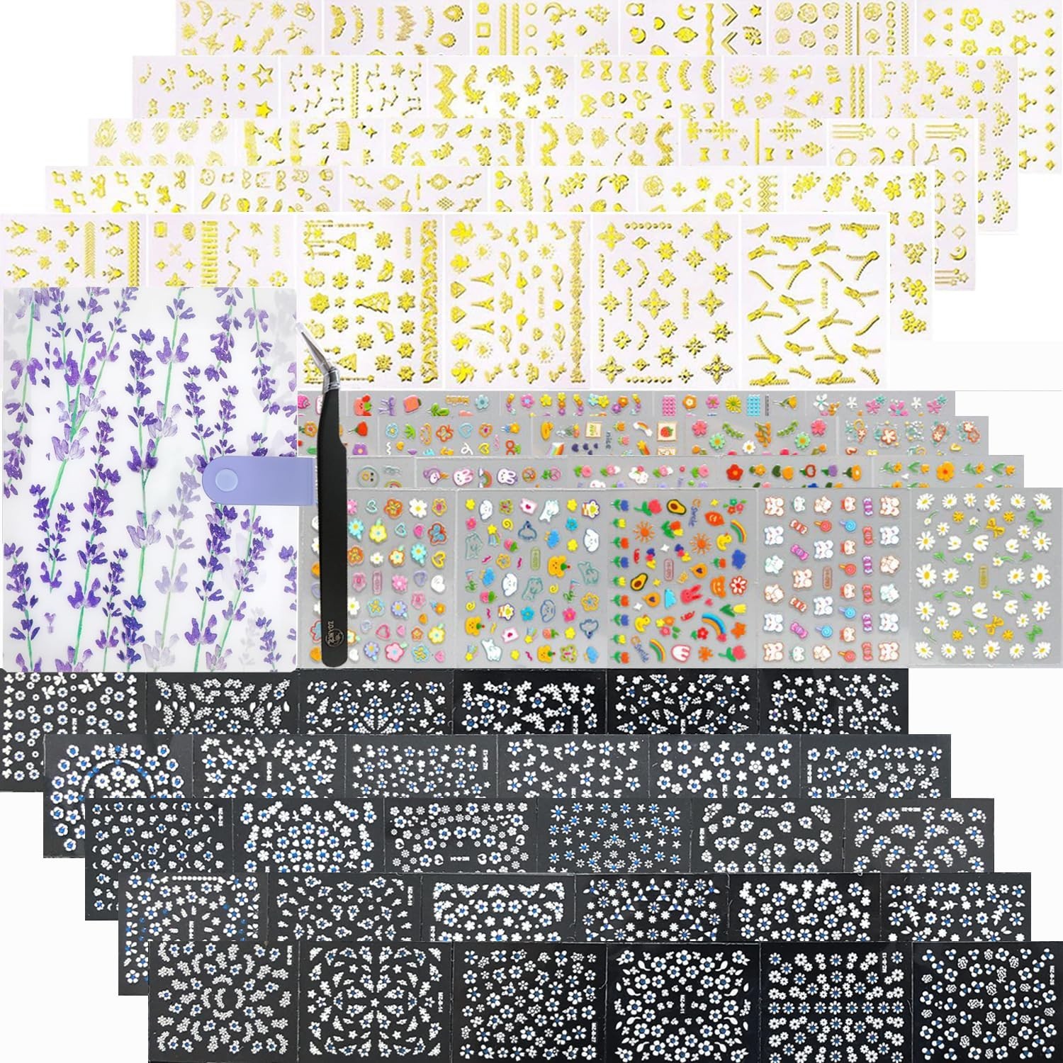 90 Sheets 3D Floral Nail Art Stickers with Rhinestones & Storage Book, 5000 Piec