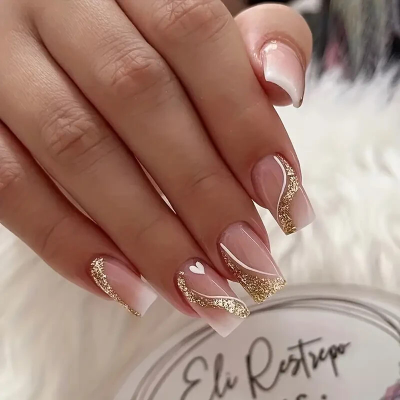 24pcs Glossy Medium Square Fake Nails, Nude White Gradient Press On Nails
