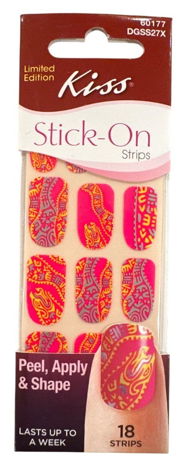 Kiss Stick-On Peel, Apply and Shape 18 Strips/Nail Pink+Orange Vibrant Paisley