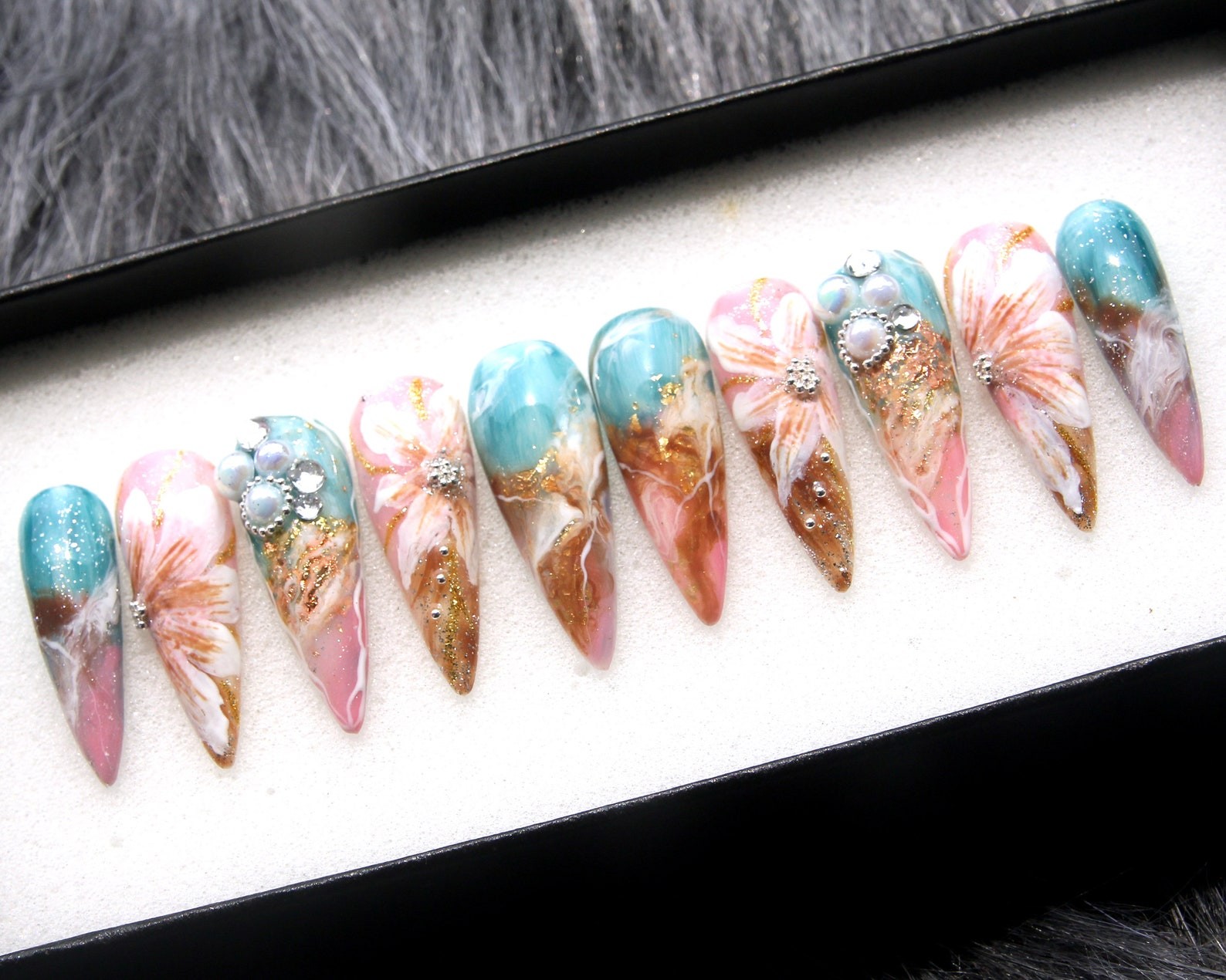Handmade Teal Marble Floral Gold Foil Pearl Long Stiletto Press on Nails