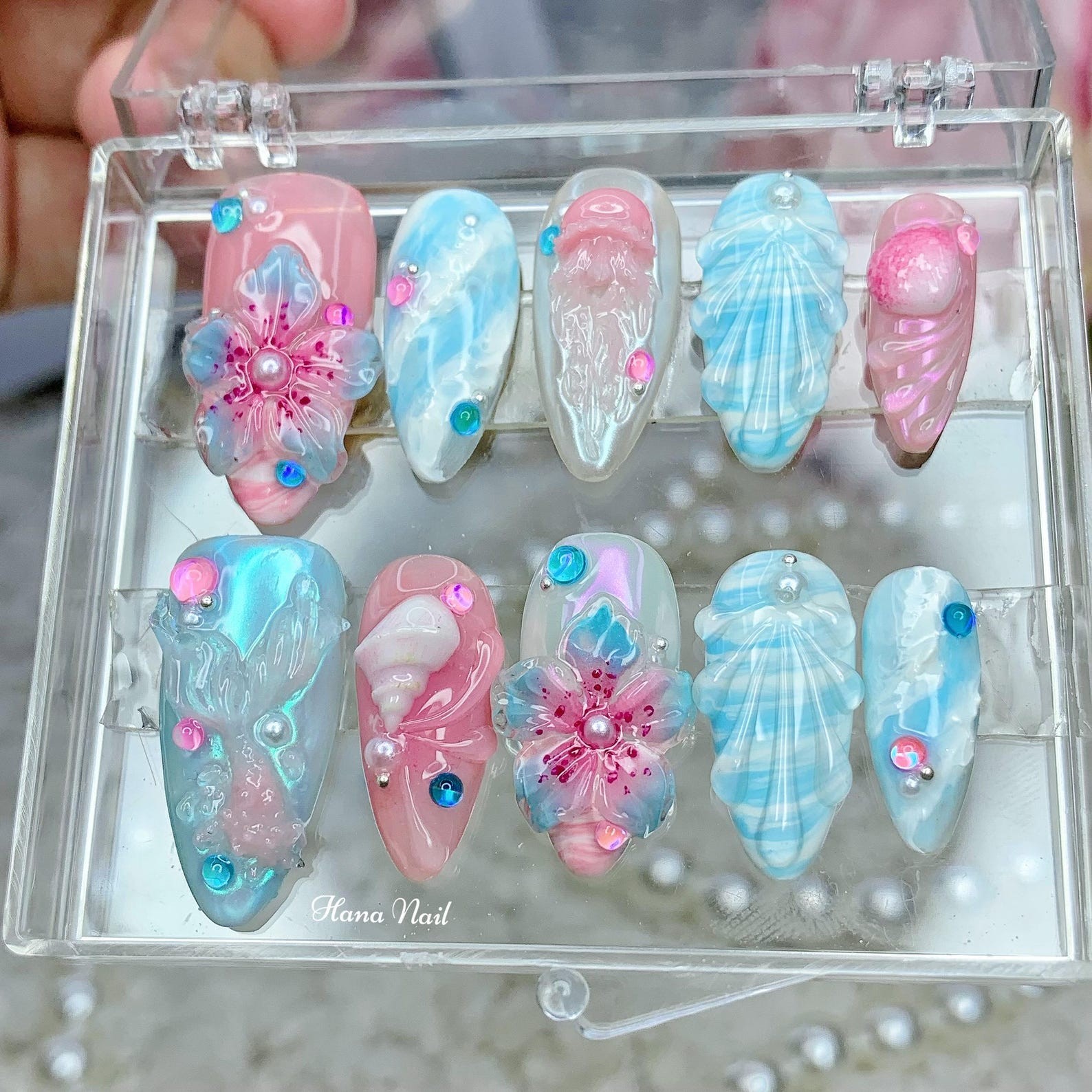 Handmade Mermaid Ocean 3D Flower Seashell Rhinestone Long Almond Press on Nails