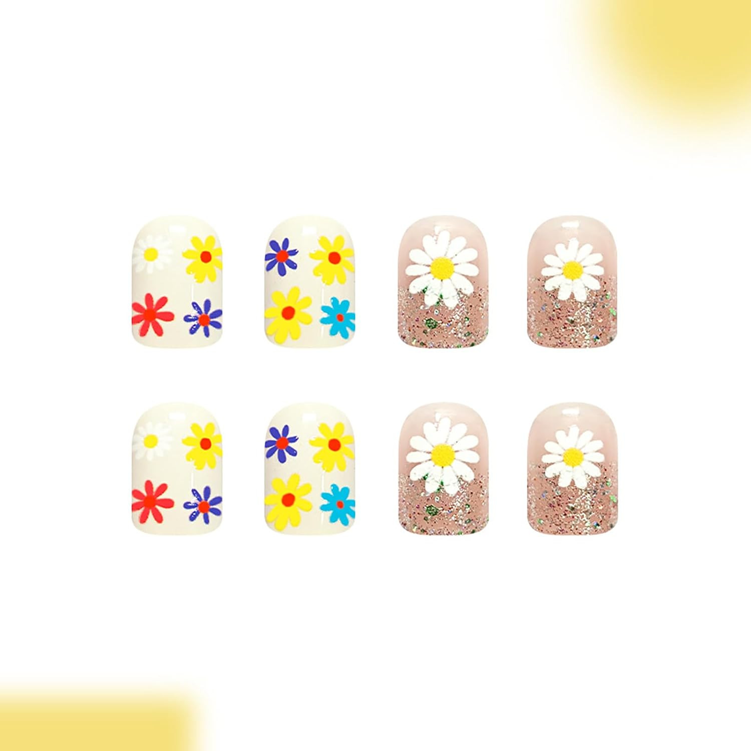 24Pcs Colorful Flower Press on Nails,Short Square Fake Nails with French Glitter