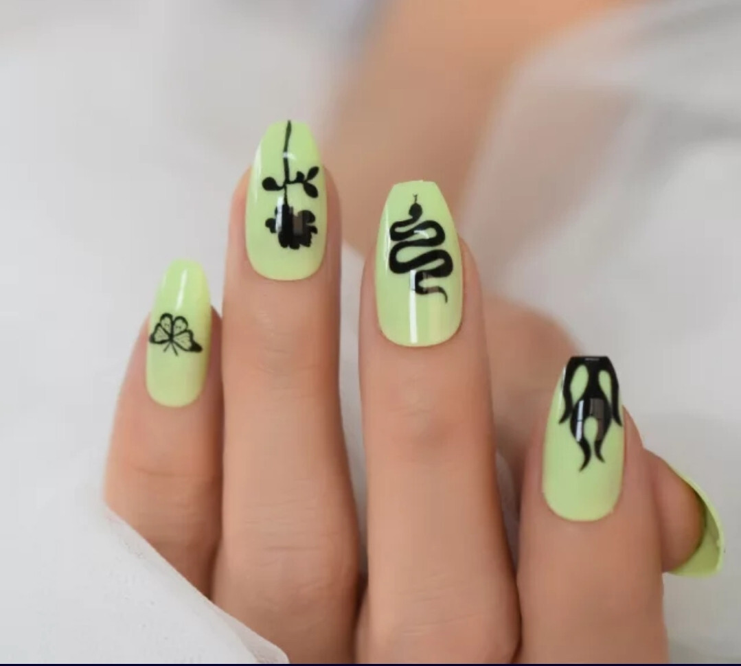24 Medium Press on nails kit w glue Neon Green tattoo snake design goth