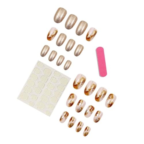 Brown Marble Press on Nails Medium Oval Glossy Fake Nails with Glitter style10