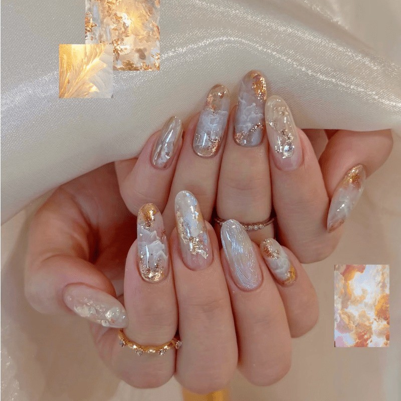 48 Pieces of Gold-plated Marble Transparent Fake Nails – Removable Nail Art