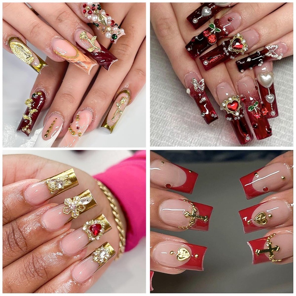 128PCS Gold Nail Charms Set with Rhinestones Gems Rose Hearts Cross and Virgin