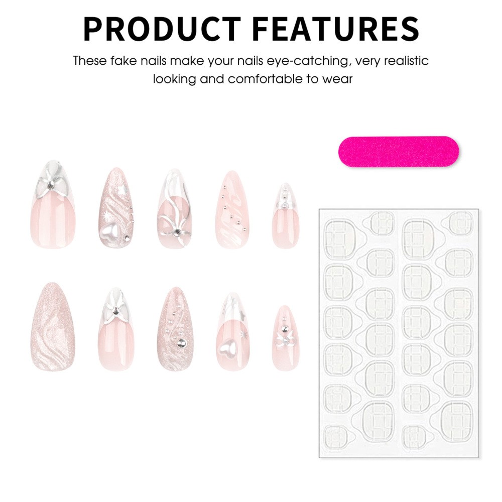 3D Press On Nails Self Adhesive Almond Shape with Heart Bow French Tip Design