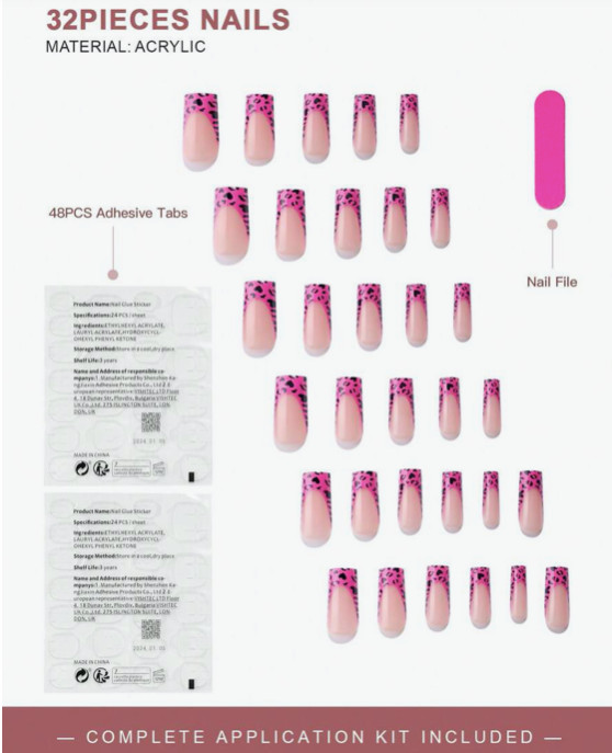 32 pcs Nails Set, Pink Leopard Print French Manicure Style, Full Cover Nails
