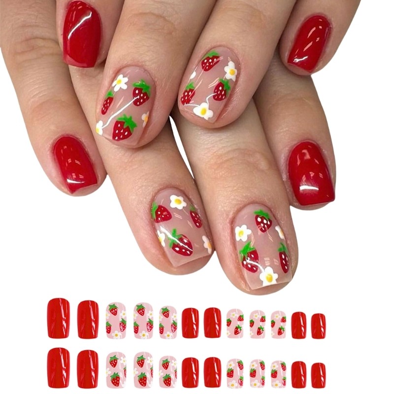 24x/Box Lovely Strawberry False Nails Short Press On Nails Full Cover Nail Tips