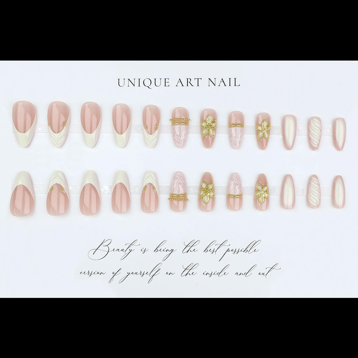 24Pcs White French Tip Press on Nails Medium Almond Fake Nails with 3D Gold Flor