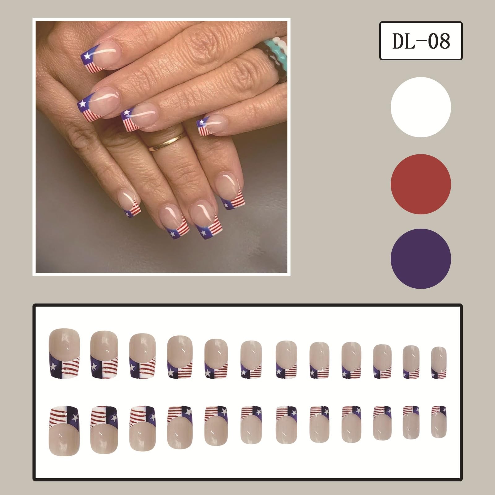 4th of July Press on Nails Medium Square French Tip Fake Nails Nude Full Cove…