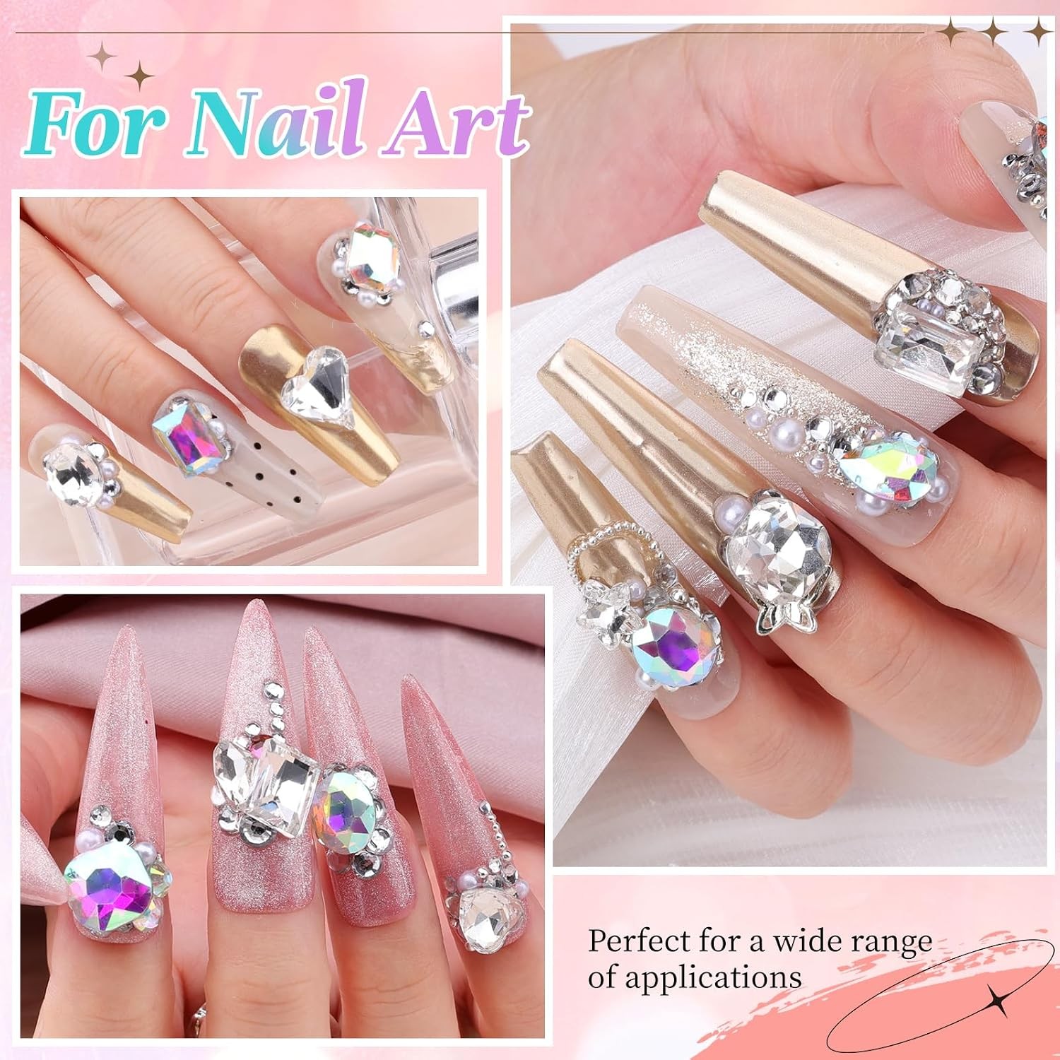 104PCS Large Clear AB Glass Nail Gems, 3D Rhinestones for Nail Art & DIY