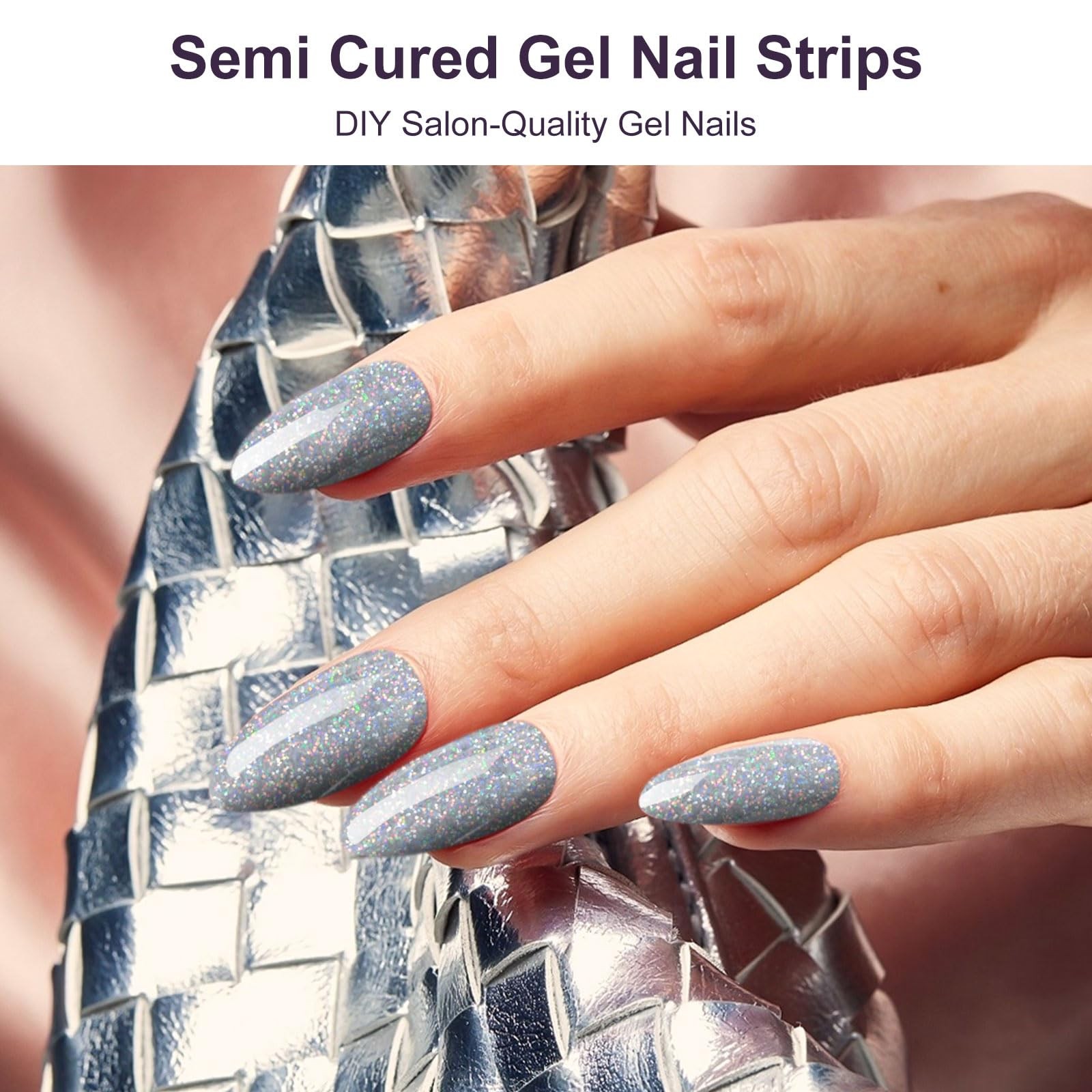Semi Cured Gel Nail Strips,28 pcs Glitter Gel Nail Stickers with UV Light Req…