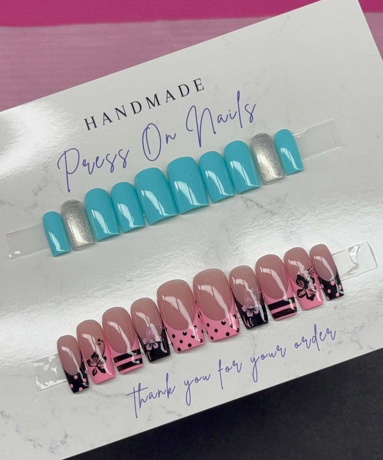Short square and medium square press on nails spring pink black teal silver