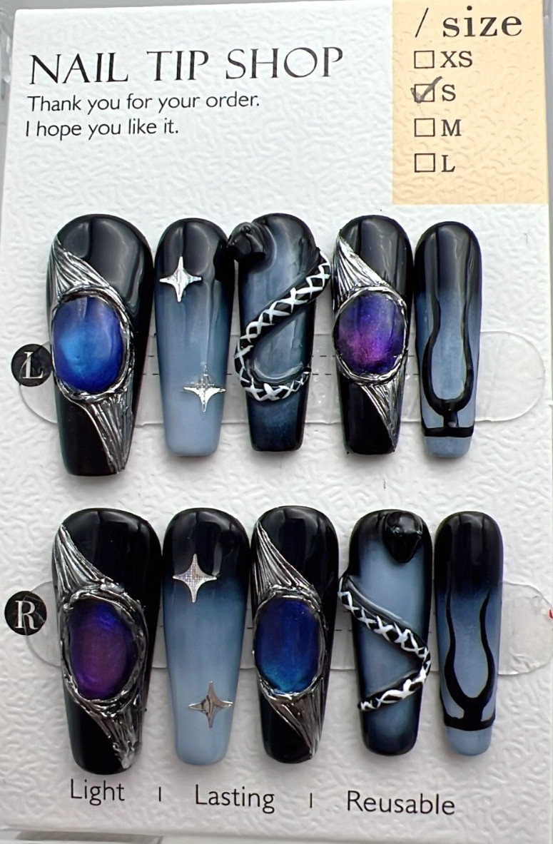 Gothic Snake & Gem Long Coffin Press On Nails,S Size Black Blue Purple Gradient