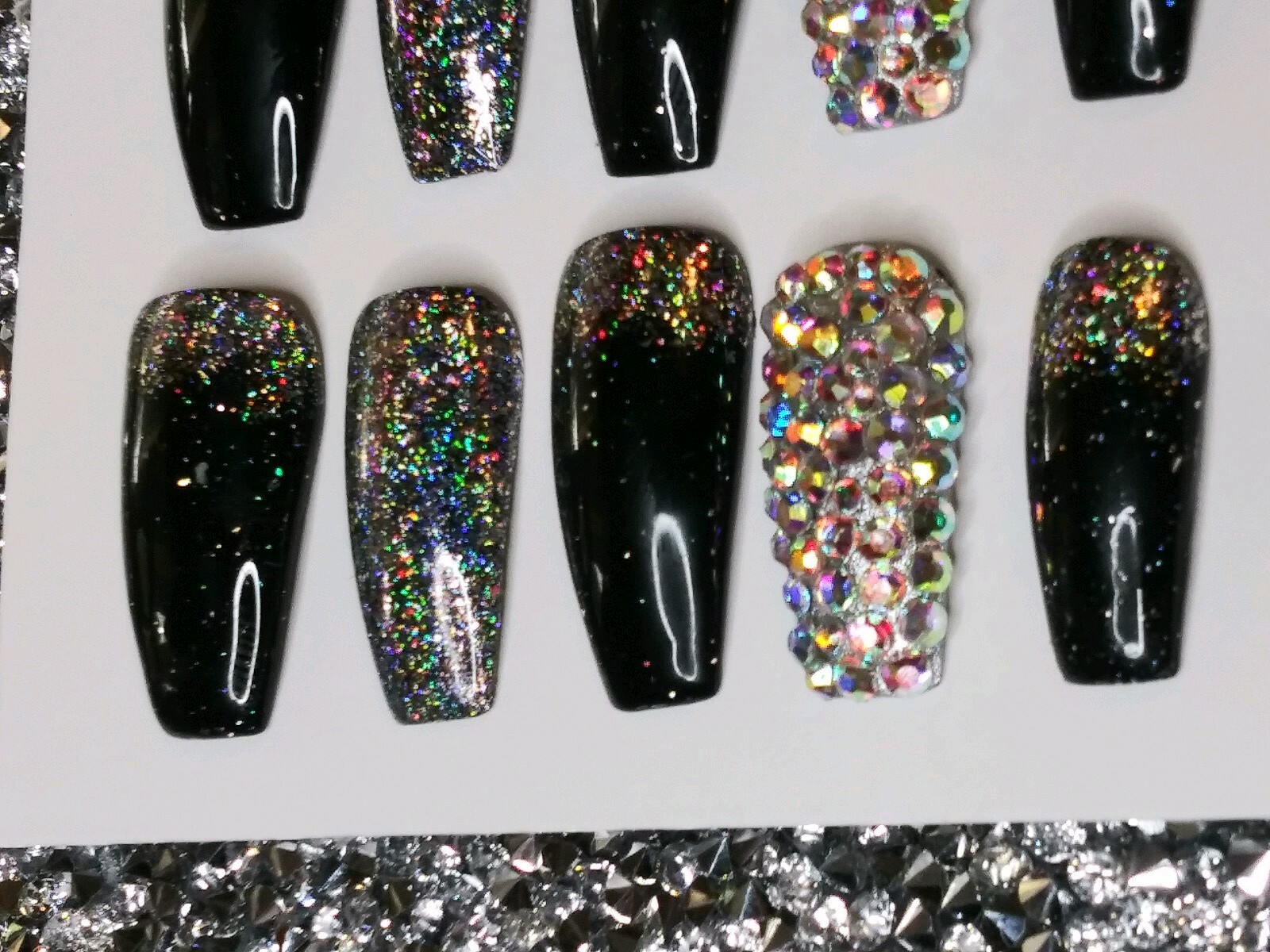 Black holographic glitter bling press on nails holo diamond crystal set short