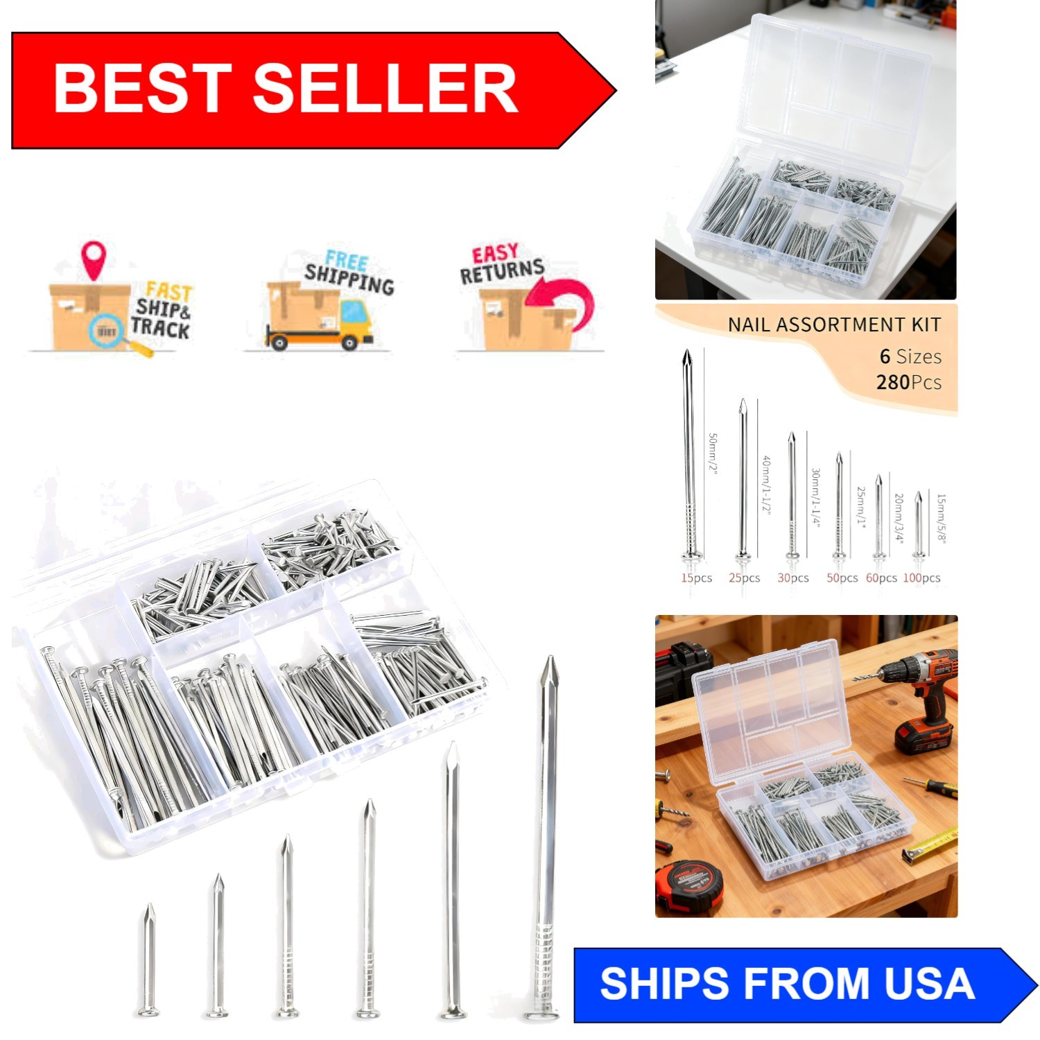 High-Quality 280 Pcs Nail Set – 6 Sizes, 2-Inch Galvanized Finish for Durability