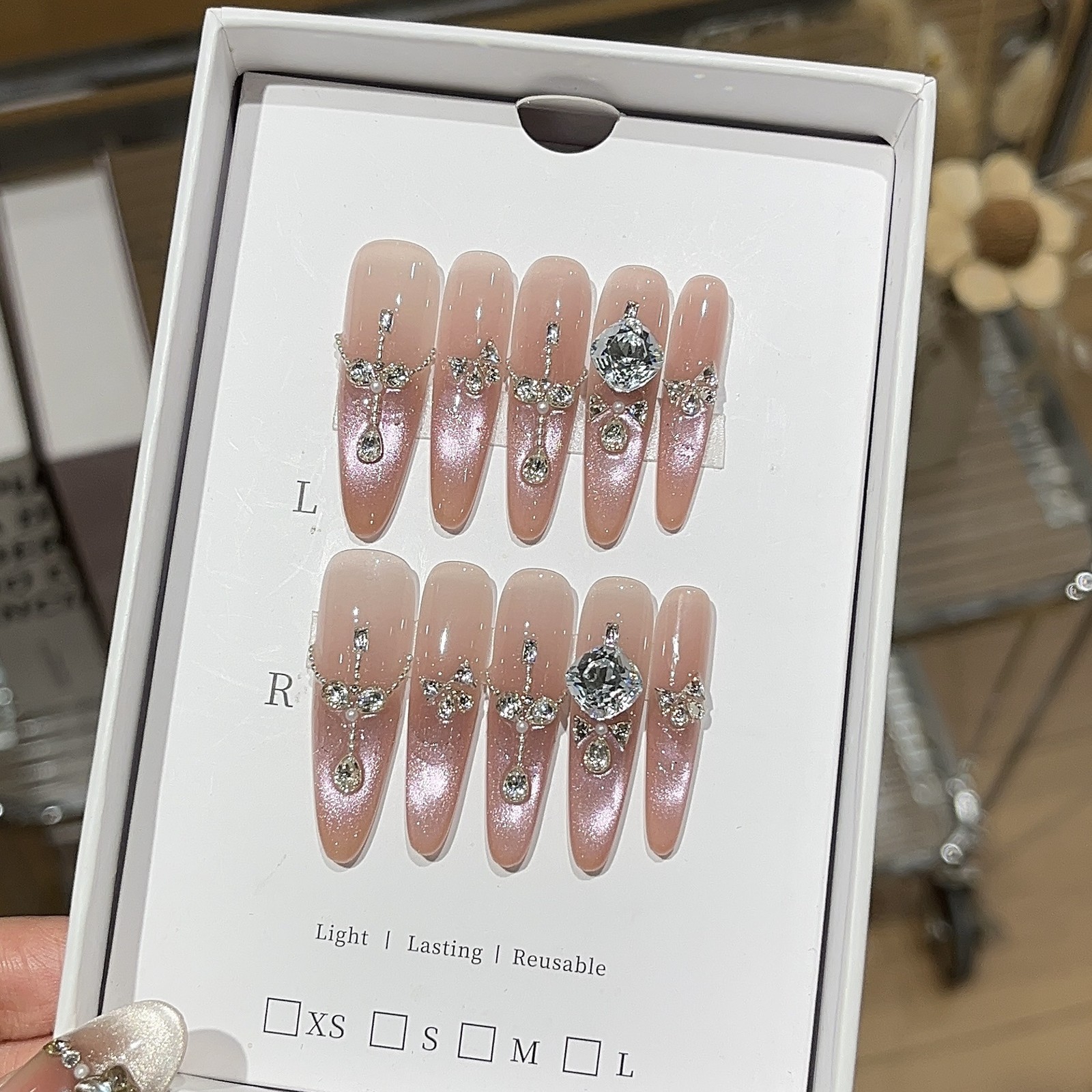 10Pcs Handmade Pink Cat Eye Long Pointed Nails French Pearl Rhinestone Design