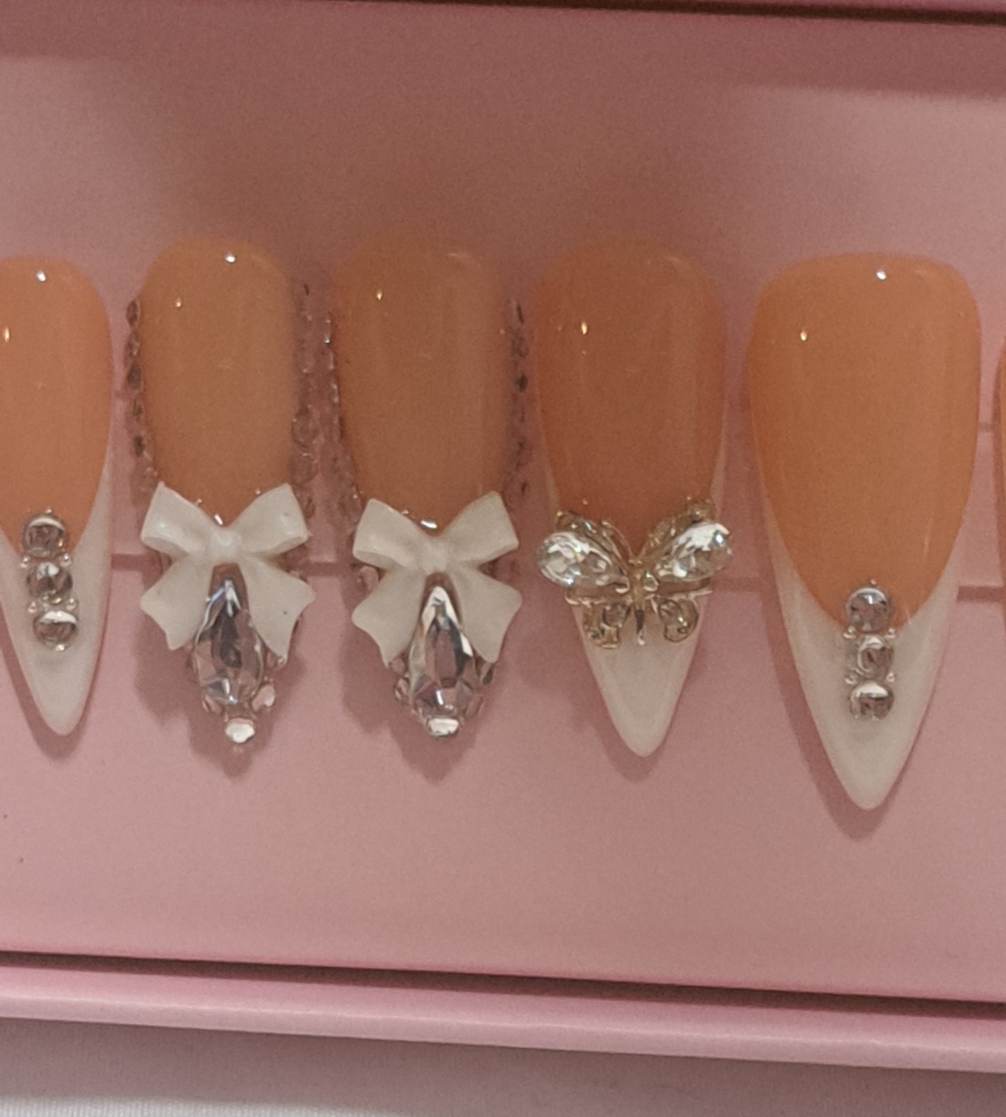 Handmade Stiletto Press On Nails Nude White French Tip Bow Rhinestone Bling