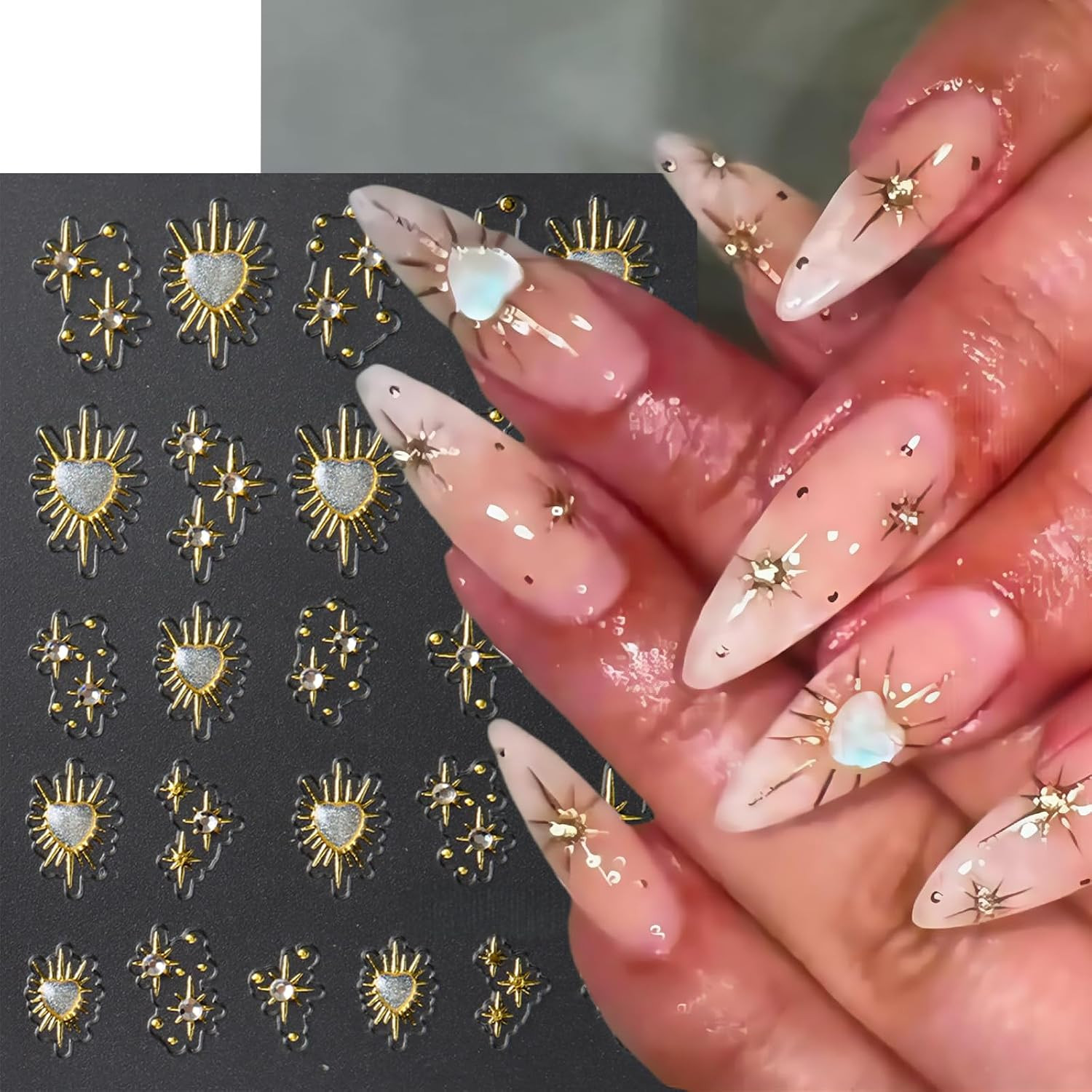 3 Sheets Star Nail Stickers for Nail Art 5D Embossed Gold Nail Decals with Heart