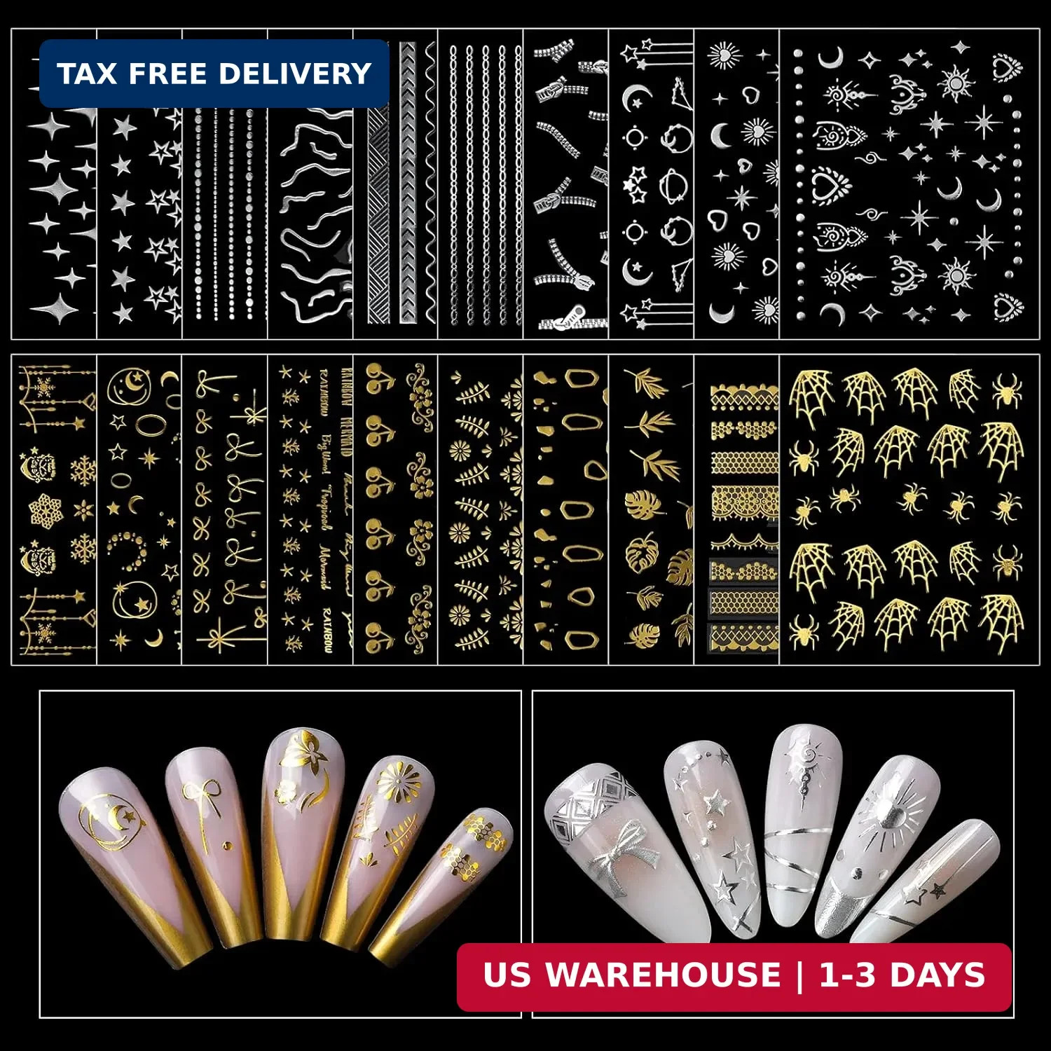 Teenitor Nail Charms and Gems with Nail Stickers, 6 Boxes Silver & Gold Nail Gem