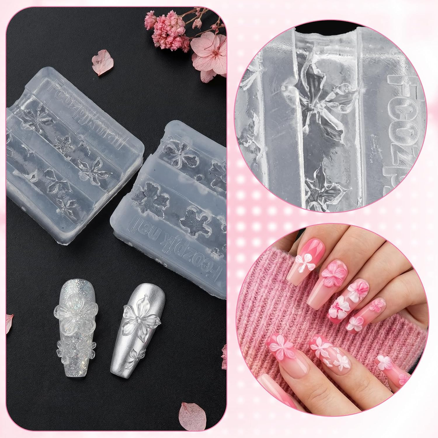 2Pcs 3D Flowers Nail Art Silicone Molds Clear and Reusable for Salon Home DIY Ma