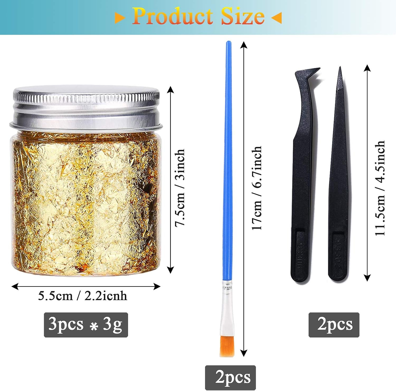 Gold Foil Flakes with Tweezers and Brush, 3 Colors Imitation Gold Foil Flakes Me