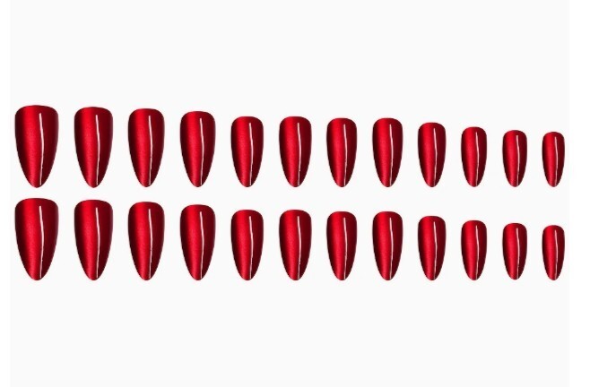 24 RED CHROME Press On Nails Metallic shiny Glue On Kit medium almond stiletto