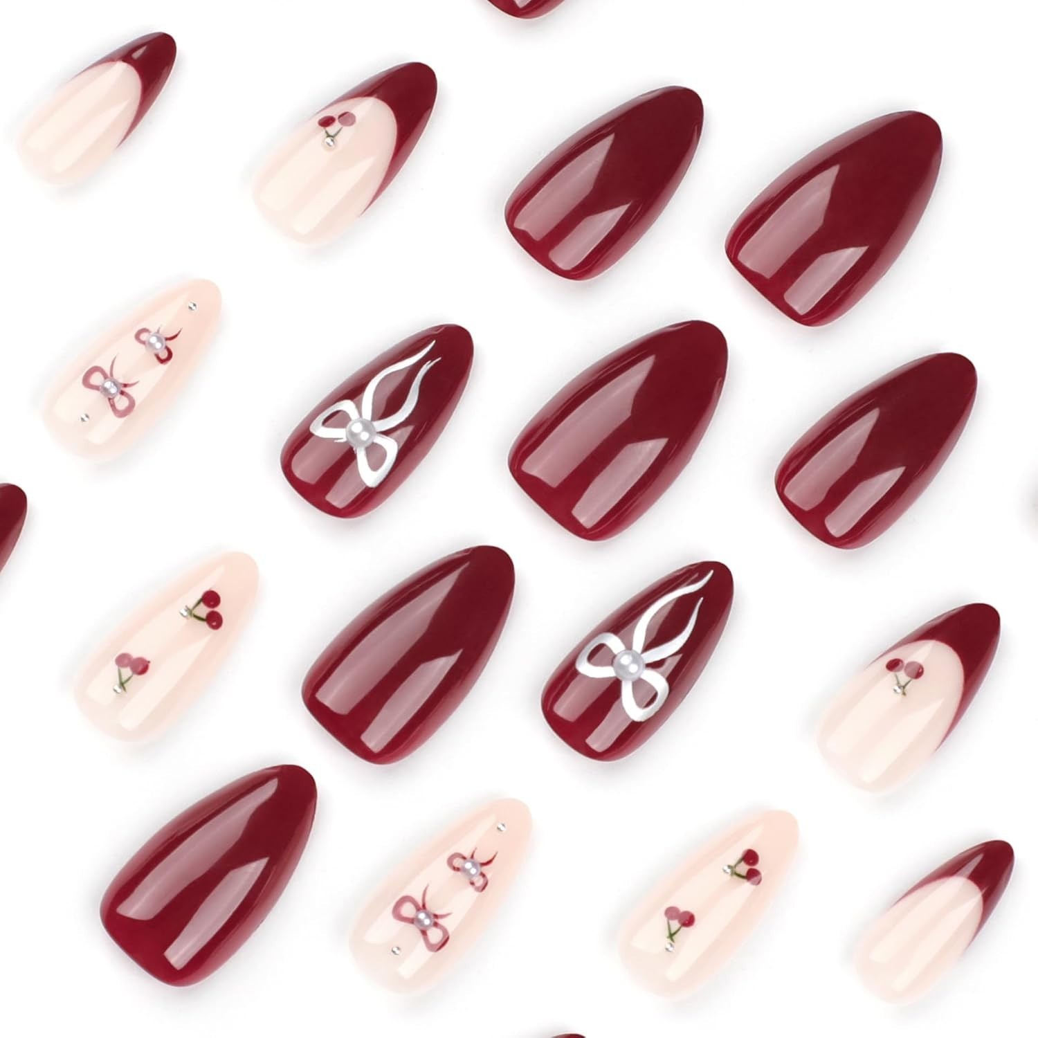 Red French Tip Press on Nails Cherry Fake Nails Short Almond False Nails with…