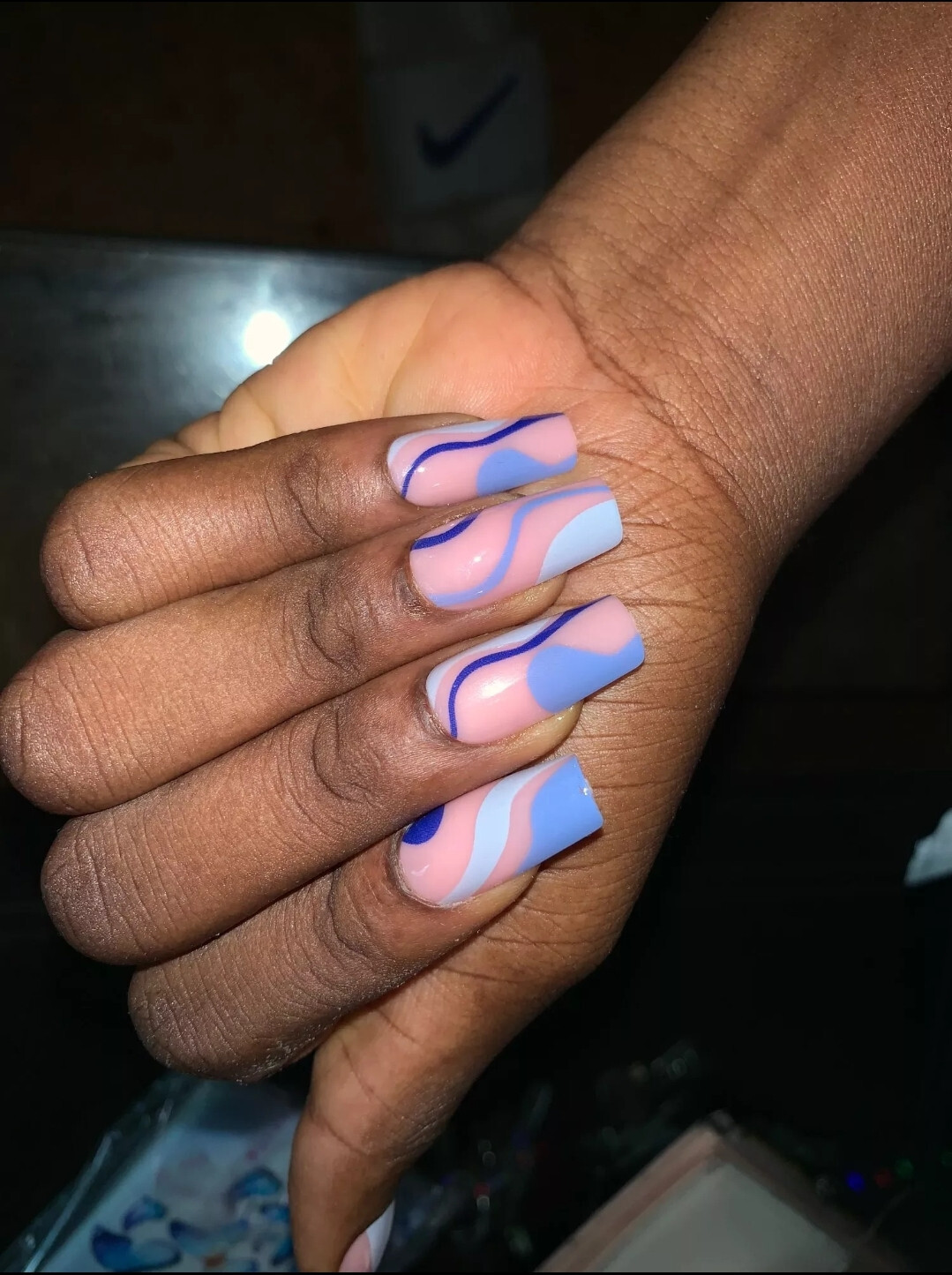 24 Press on nails kit w glue square Swirl Blue Nude design lava lamp pink