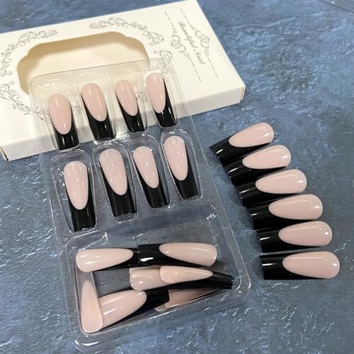 Press on Nails Extra Long Square Fake Nails Glossy Full Cover Black French Tip