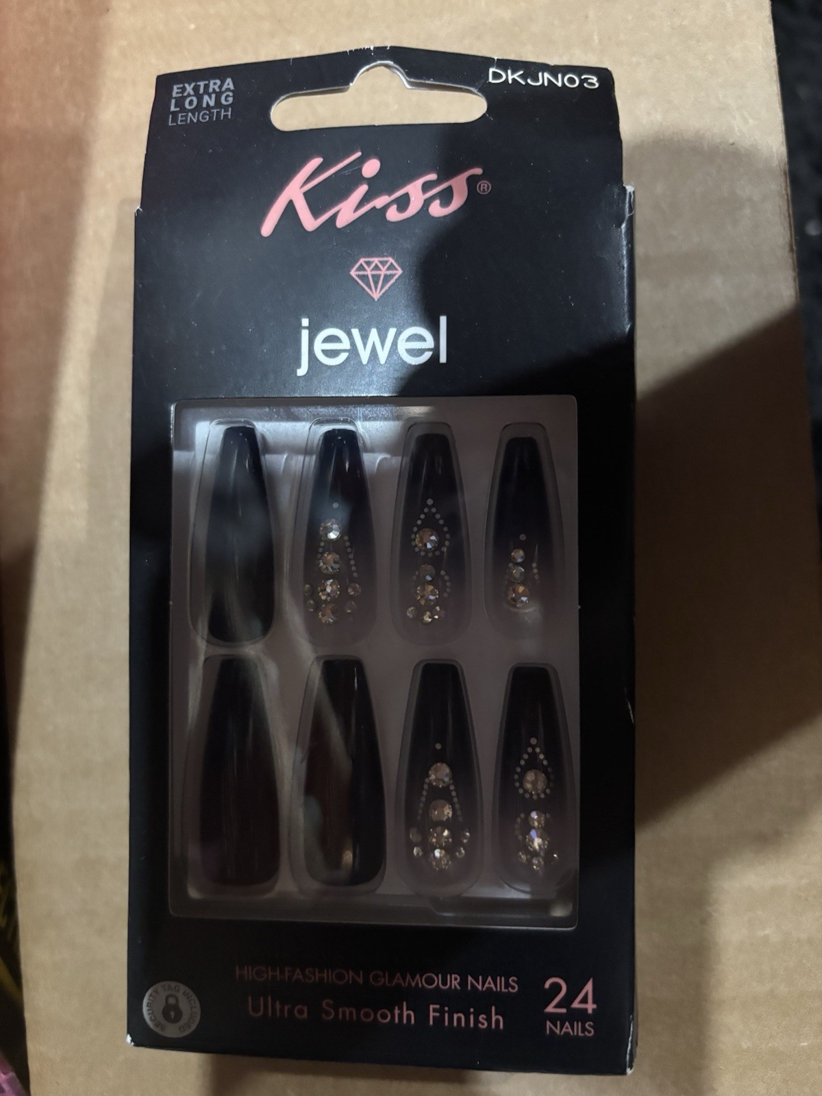 Kiss Jewel 3D Black Coffin Extra Long Press-On Nails 24 Count Full Cover