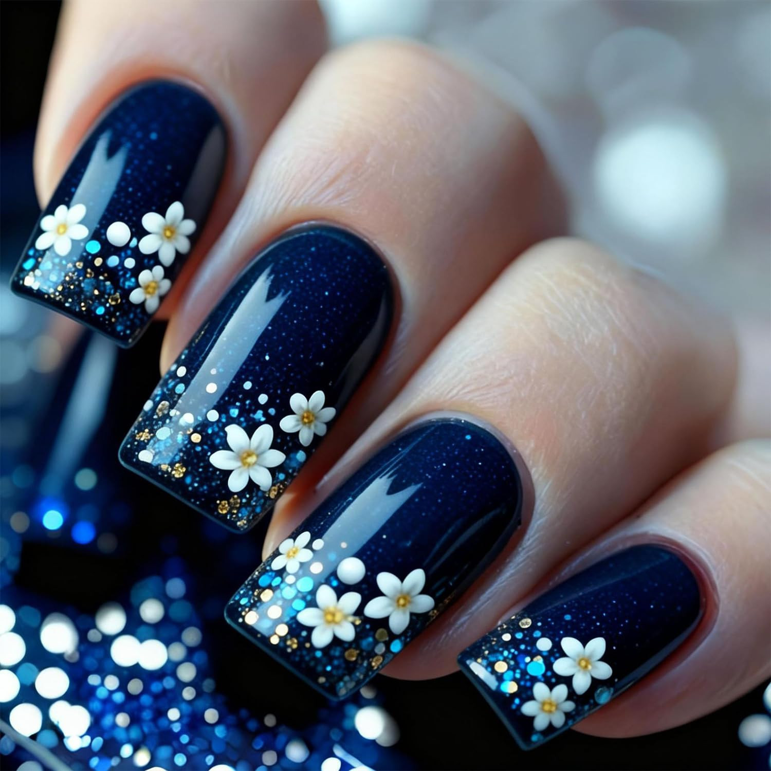 Blue Press on Nails Medium Square Fake Nails with White Flower Design Summer Spr