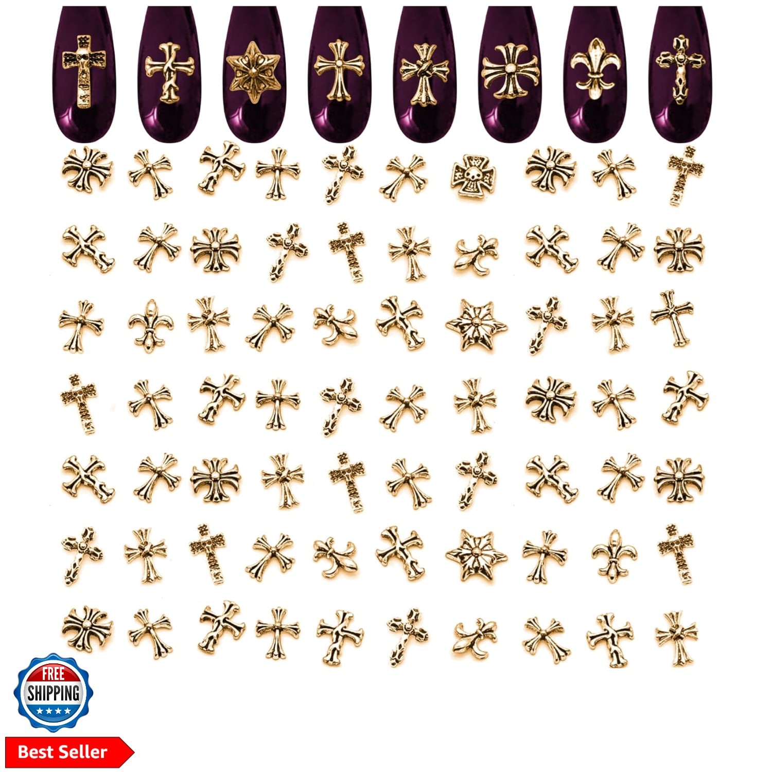 Gold Cross Nail Charms – 100 Pcs Set Gold Nail Charms and Gems in Acrylic & M…