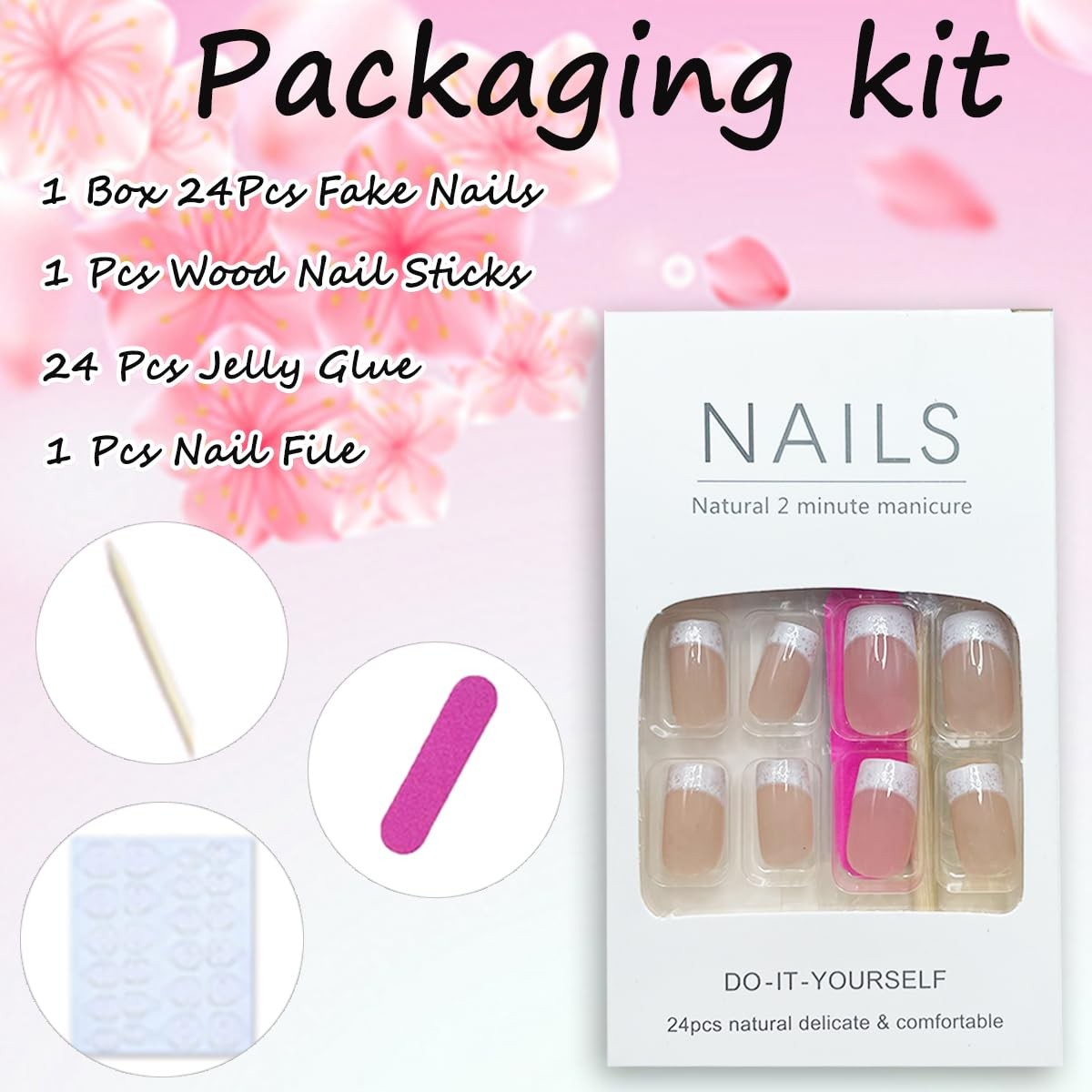 24Pcs French Tip Press on Nails Medium Square Fake Nails Silver Glitter Acryl