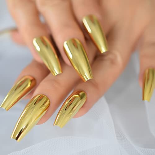 Coffin Medium Uv Gel Reusable Fingernails Glossy Soild Color Golden Press On