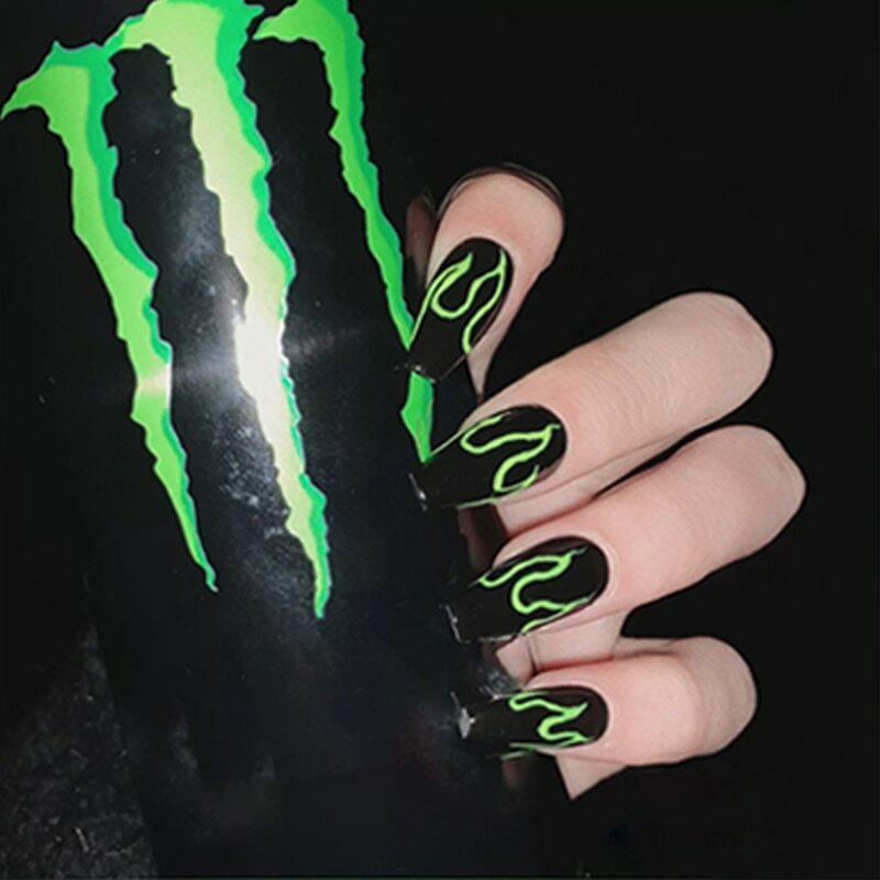 24pcs Black Flame Fake Nail Extra Long Full Cover False Nails With Glue Nail Art