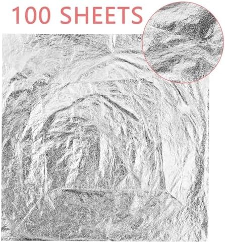 100 Pcs Silver Leaf Sheets with Brush – 5.5×5.5 Inch Aluminum Foil Paper for Gil
