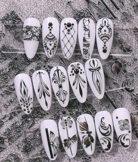 3 Sheets Black Nail Art Transfer Stickers Lace Paisley Vintage Scrolling Demask